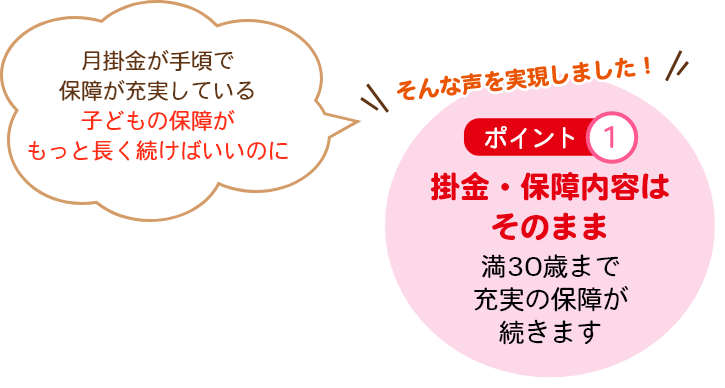 月掛金が手頃で保障が充実している子どもの保障がもっと長く続けばいいのに掛金・保障内容はそのまま満30歳まで充実の保障が続きます