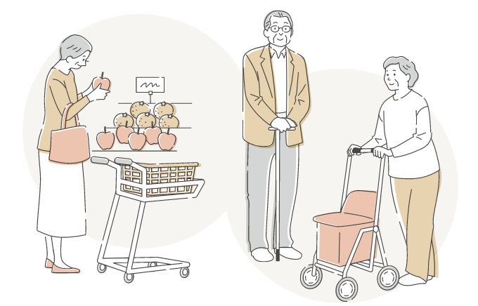 <イラスト>年配の方(男女)手押し車、つえお買い物している様子