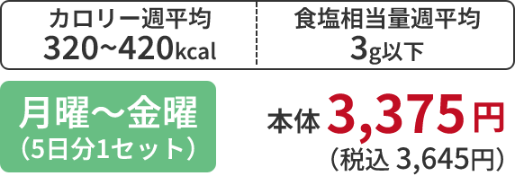 カロリー週平均 320~420kcal 食塩相当量週平均 3g以下 月曜~金曜 (5日分1セット) 本体 3,375 円 (税込 3,645円)