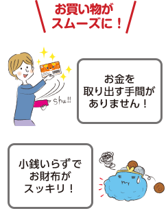 お買い物がスムーズに! お金を取り出す手間がありません! 小銭いらずでお財布がスッキリ!